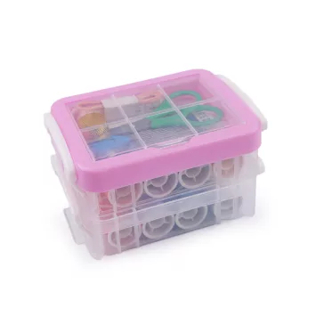   Varrótűkészlet átlátszó műanyag dobozban 2 emeletes - 1 pink (10 szett)