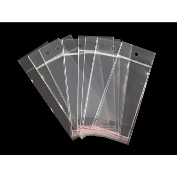   PP ragasztócsíkos celofán tasak jellegű BOPP tasak akasztóval 6x10,5 cm - átlátszó (38000 db-os csomagolás)