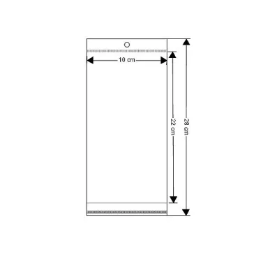   PP ragasztócsíkos celofán tasak jellegű BOPP tasak akasztóval 10x22 cm - átlátszó (1000 db-os csomagolás)