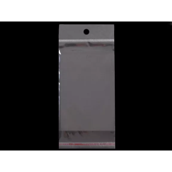 PP ragasztócsíkos celofán tasak jellegű BOPP tasak akasztóval 10x22 cm - átlátszó (100 db-os csomagolás) PP ragasztócsíkos celofán tasak jellegű BOPP tasak akasztóval 10x22 cm - átlátszó (100 db-os csomagolás)