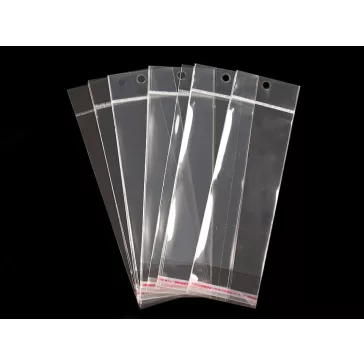   PP ragasztócsíkos celofán tasak jellegű BOPP tasak akasztóval 6x15 cm fényes - átlátszó (100 db-os csomagolás)