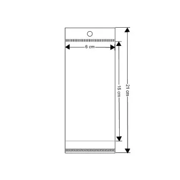   PP ragasztócsíkos celofán tasak jellegű BOPP tasak akasztóval 6x15 cm fényes - átlátszó (400 db-os csomagolás)