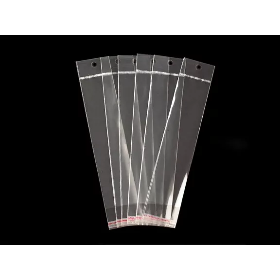 PP ragasztócsíkos celofán tasak jellegű BOPP tasak akasztóval 5x20 cm - átlátszó (100 db-os csomagolás) PP ragasztócsíkos celofán tasak jellegű BOPP tasak akasztóval 5x20 cm - átlátszó (100 db-os csomagolás)
