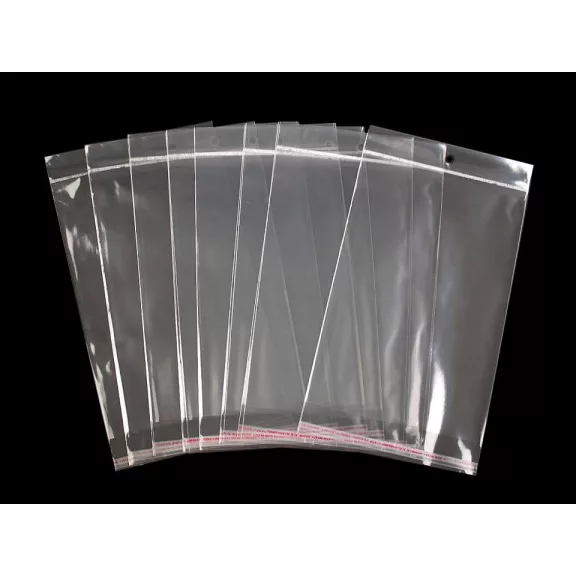 PP ragasztócsíkos celofán tasak jellegű BOPP tasak akasztóval 17x25,5 - 26 cm - 17x25,5cm átlátszó (100 db-os csomagolás) PP ragasztócsíkos celofán tasak jellegű BOPP tasak akasztóval 17x25,5 - 26 cm - 17x25,5cm átlátszó (100 db-os csomagolás)