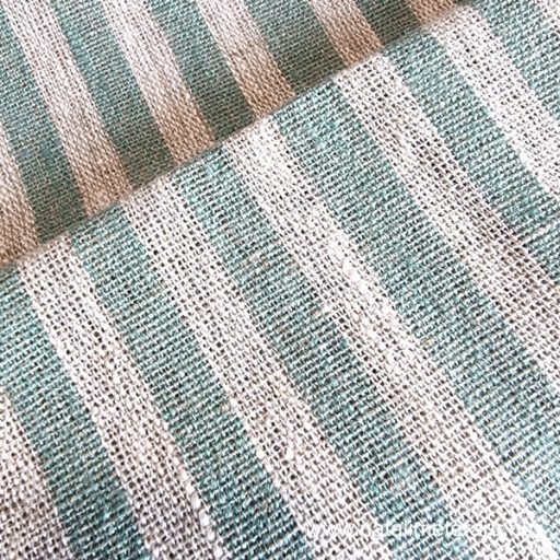 Vastag, natúr bézs-menta csíkos lenvászon 50 cm széles