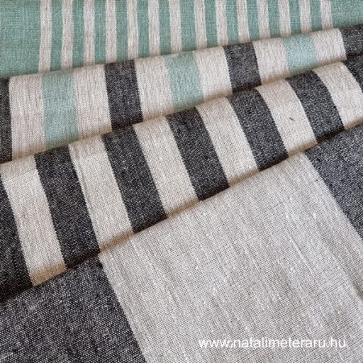 Vastag, natúr bézs-menta csíkos lenvászon 50 cm széles