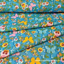 türkizkék színes lepke-virágos pamutvászon