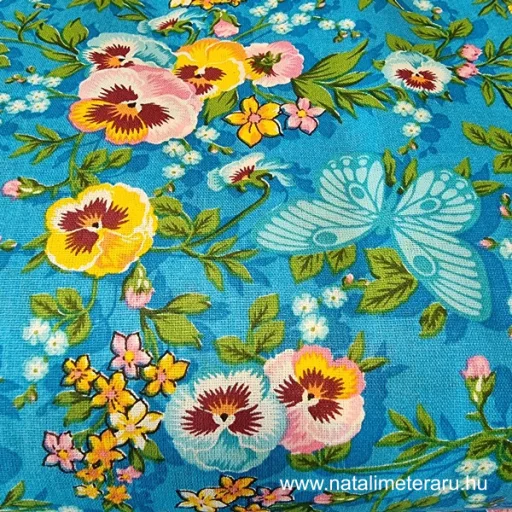 türkizkék színes lepke-virágos pamutvászon