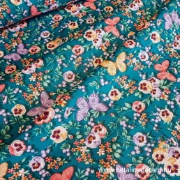 türkizzöld színes lepke-virágos pamutvászon