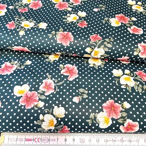 Sötét zöld, pöttyös, virágos pamutvászon