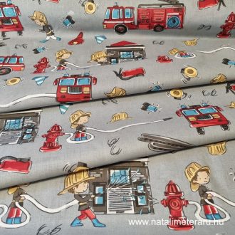 Vidám tűzoltók szürke alapon pamut perkál