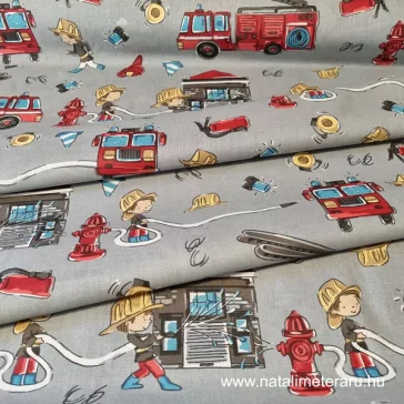   Cheerful firefighters on grey background cotton percale, 150 cm wide (13411-1)