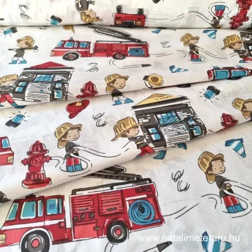   Cheerful firefighters on white background cotton percale, 150 cm wide