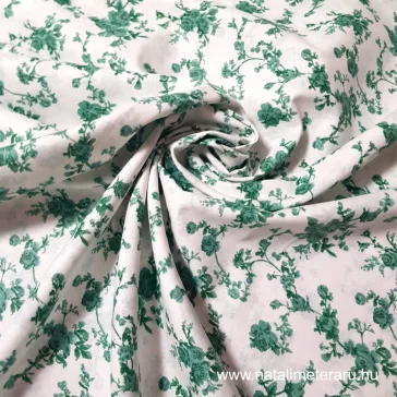 Green rose-patterned cotton percale / fine cotton fabric