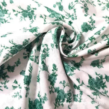 Green rose-patterned cotton percale / fine cotton fabric