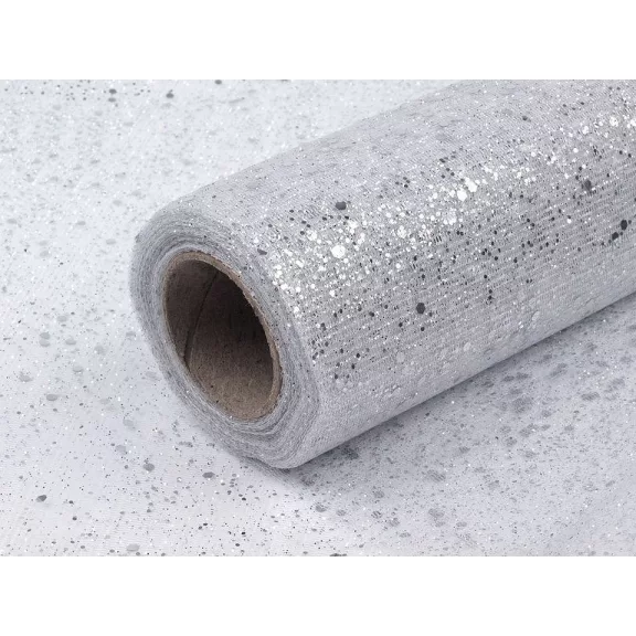 Dekorációs tüll glitterekkel szélessége 20 cm - 1 ezüst (20 m-os csomagolás) Dekorációs tüll glitterekkel szélessége 20 cm - 1 ezüst (20 m-os csomagolás)