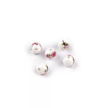   Porcelán gyöngyök virágokkal Ø8 mm - 2 vörös fukszia (100 db-os csomagolás)