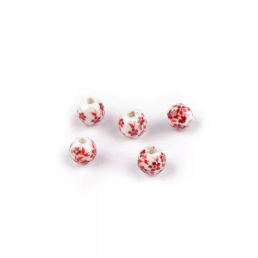   Porcelán gyöngyök virágokkal Ø8 mm - 5 piros (100 db-os csomagolás)