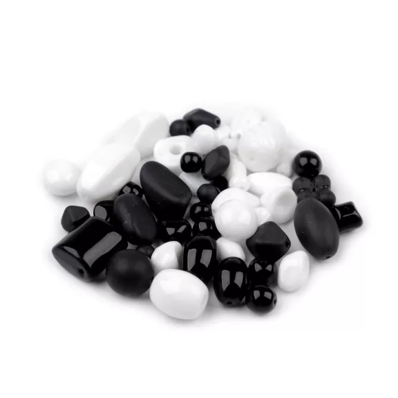 Vegyes üveggyöngyök - 34 fehér fekete (50 g-os csomagolás) Vegyes üveggyöngyök - 34 fehér fekete (50 g-os csomagolás)