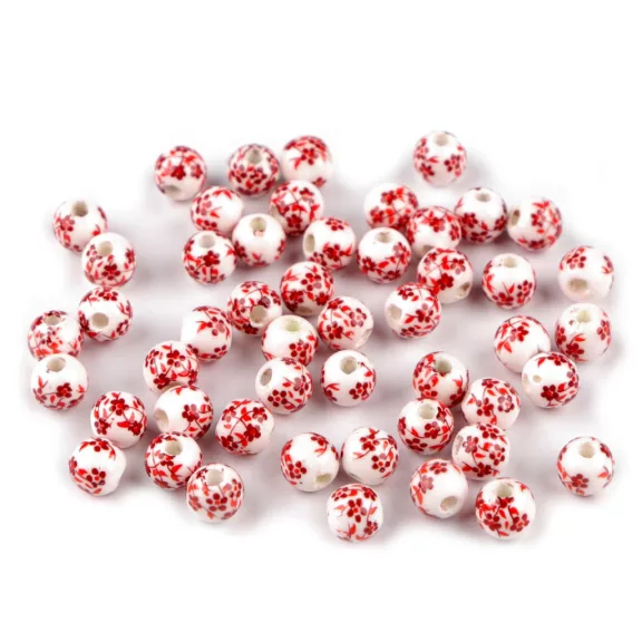 Porcelán gyöngyök virágokkal Ø6 mm - 14 piros (10 db-os csomagolás) Porcelán gyöngyök virágokkal Ø6 mm - 14 piros (10 db-os csomagolás)