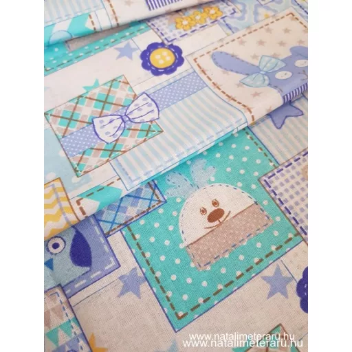 Kék-zöld patchwork gyerekmintás pamut batiszt