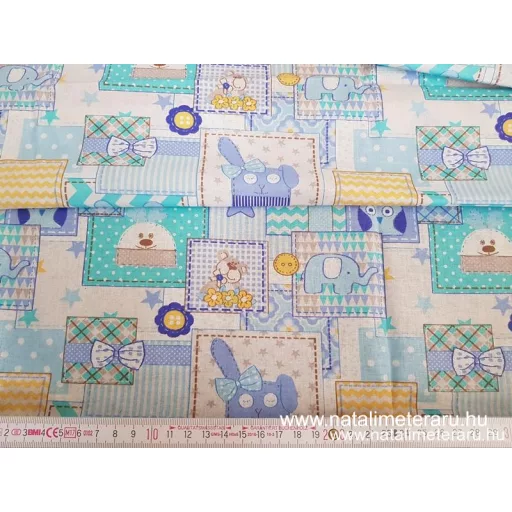 Kék-zöld patchwork gyerekmintás pamut batiszt