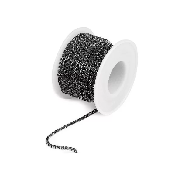 Kristály strasszlánc folyóméter 2,4 mm szélessége - 3 fekete ezüst Kristály strasszlánc folyóméter 2,4 mm szélessége - 3 fekete ezüst