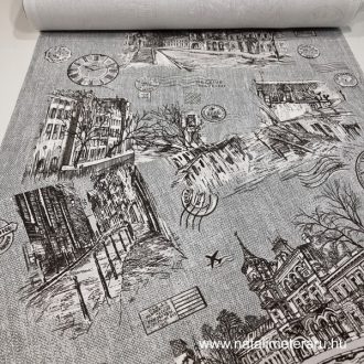 Szürke város képek mintás 50 cm széles pamutvászon