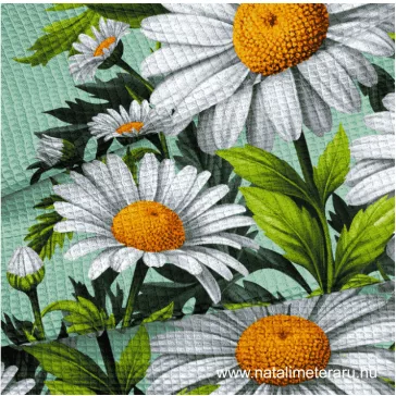 White daisies-patterned, 50 cm wide waffle fabric