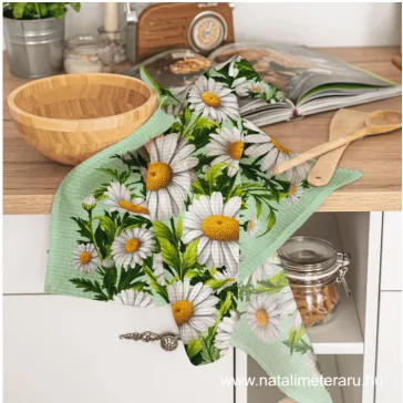 White daisies-patterned, 50 cm wide waffle fabric
