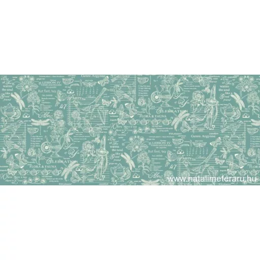 Flóra & Fauna - Vízzöld és fehér mintás vastag pamutvászon