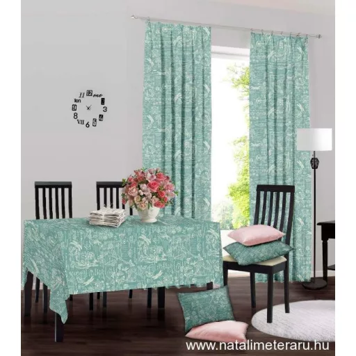 Flóra & Fauna - Vízzöld és fehér mintás vastag pamutvászon