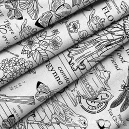   Flóra & Fauna - Fehér alapon fekete mintás vastag pamutvászon