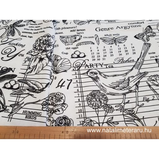 Flóra & Fauna - Fehér alapon fekete mintás vastag pamutvászon