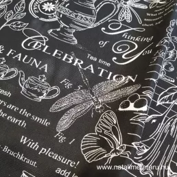   Flóra & Fauna - Fekete alapon fehér mintás vastag pamutvászon