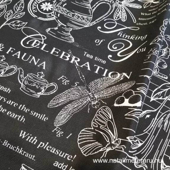 Flóra & Fauna - Fekete alapon fehér mintás vastag pamutvászon Flóra & Fauna - Fekete alapon fehér mintás vastag pamutvászon