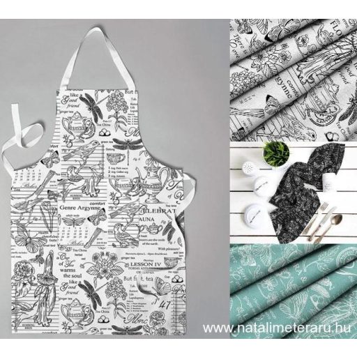 Flóra & Fauna - Fekete alapon fehér mintás vastag pamutvászon