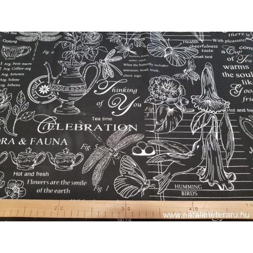 Flóra & Fauna - Fekete alapon fehér mintás vastag pamutvászon