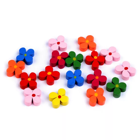 Fa gyöngyök / virágok Ø15 mm - mix (50 g-os csomagolás) Fa gyöngyök / virágok Ø15 mm - mix (50 g-os csomagolás)