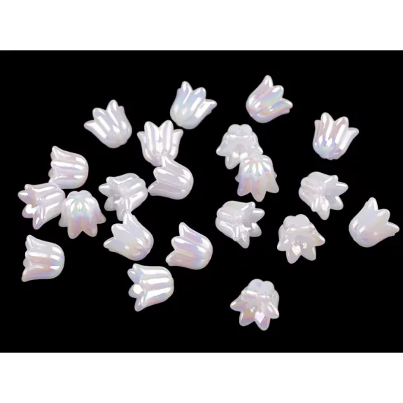 Műanyg gyöngy AB hatás virág harang / szoknya 12x14 mm - gyöngyházfehér AB (80 db-os csomagolás) Műanyg gyöngy AB hatás virág harang / szoknya 12x14 mm - gyöngyházfehér AB (80 db-os csomagolás)