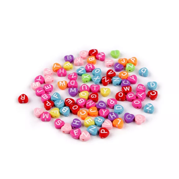 Műanyag gyöngyök szívbetűkkel Ø7 mm - 2 mix (50 g-os csomagolás) Műanyag gyöngyök szívbetűkkel Ø7 mm - 2 mix (50 g-os csomagolás)