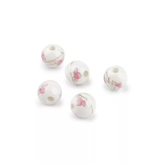 Porcelán gyöngy virággal Ø10 mm - 2 rózsaszín virág (5 db-os csomagolás) Porcelán gyöngy virággal Ø10 mm - 2 rózsaszín virág (5 db-os csomagolás)