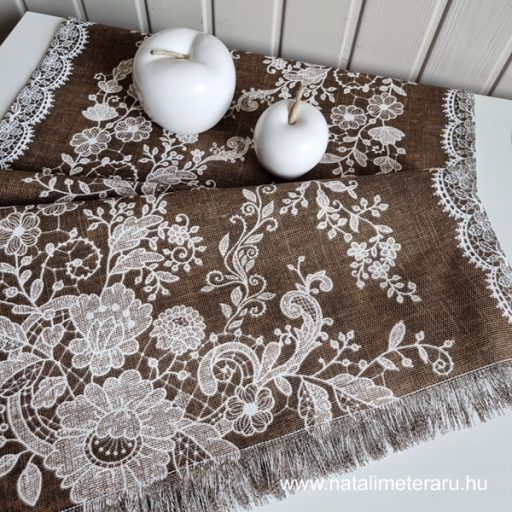 Melánzs barna, fehér csipke mintás asztalifutó 1,8m