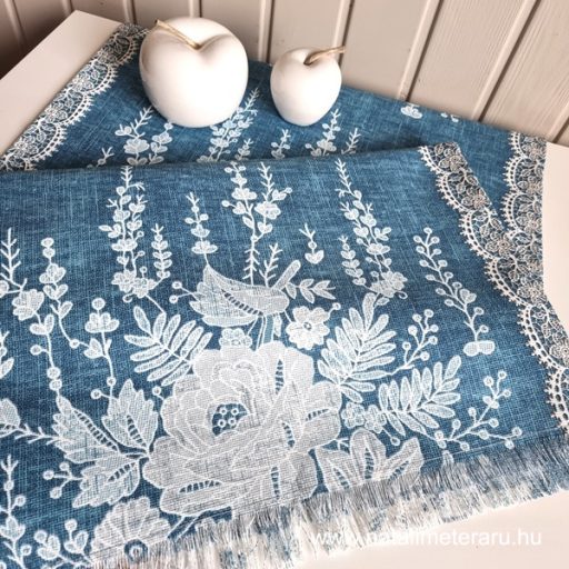 Melánzs kék, fehér csipke mintás asztalifutó 1,8m
