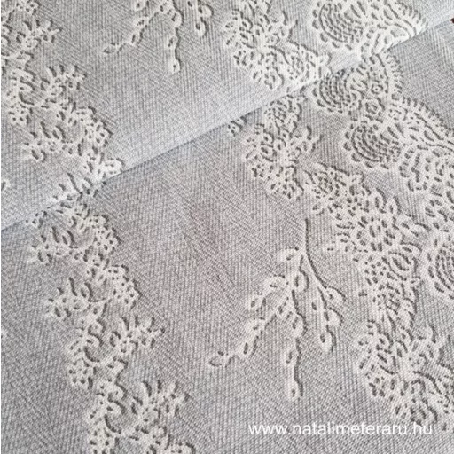 Halvány szürke, fehér csipke mintás 50 cm széles pamutvászon