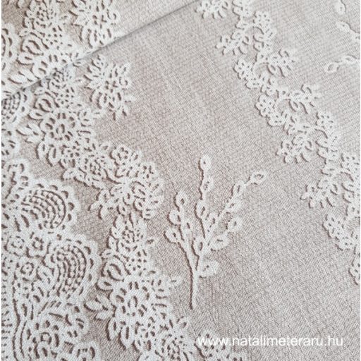 Halvány bézs , fehér csipke mintás 50 cm széles pamutvászon