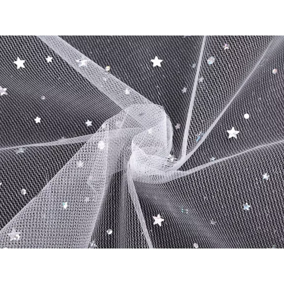 Ruha tüll / dekor hologramos csillagos hópihe tüll – fehér Ruha tüll / dekor hologramos csillagos hópihe tüll – fehér