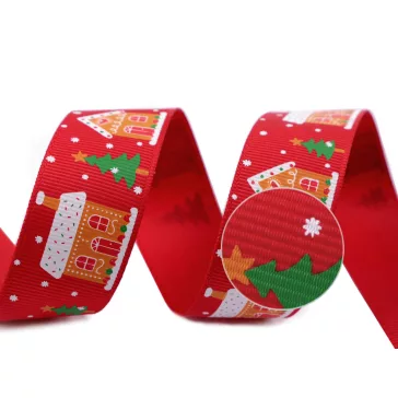   Karácsonyi ripsz szalag házikók szélessége 25 mm grosgrain - 1 piros (90 m-es csomagolás)