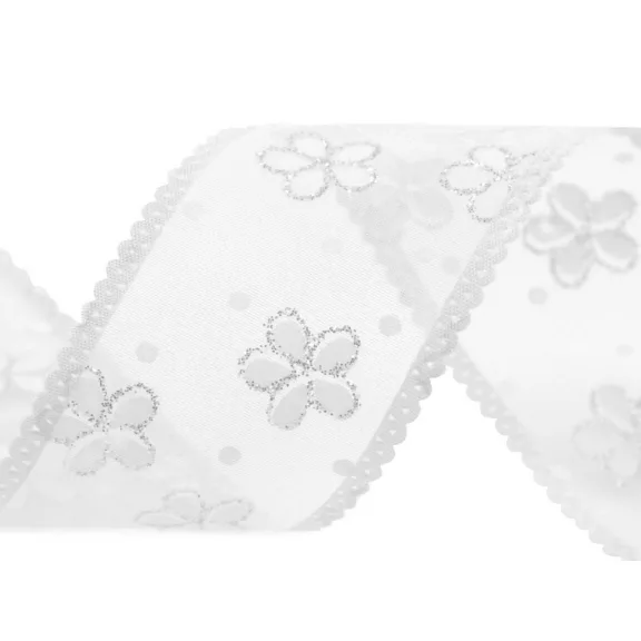 Organza szalag virágos és glitterres szélessége 40 mm - 1 fehér (22,5 m-es csomagolás) Organza szalag virágos és glitterres szélessége 40 mm - 1 fehér (22,5 m-es csomagolás)