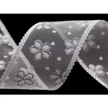   Organza szalag virágos és glitterres szélessége 40 mm - 1 fehér (22,5 m-es csomagolás)